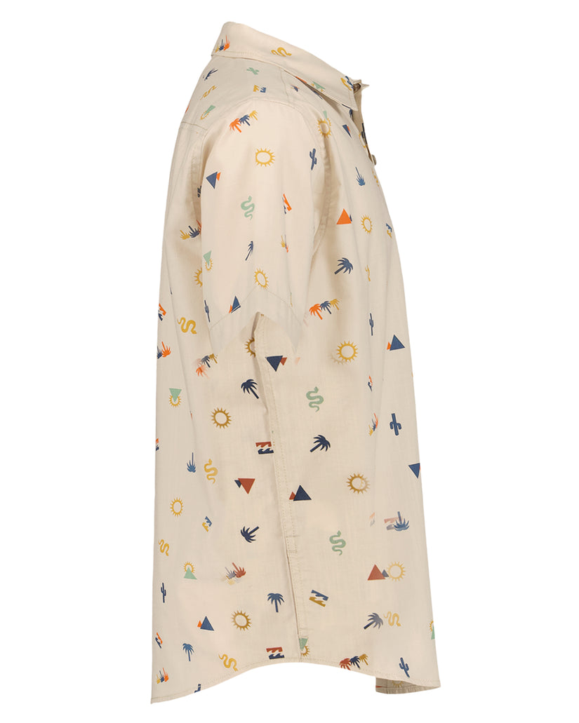 Cream short sleeve shirt with allover print of suns, palm trees, triangles, snakes, and beach-themed icons in orange, blue, a