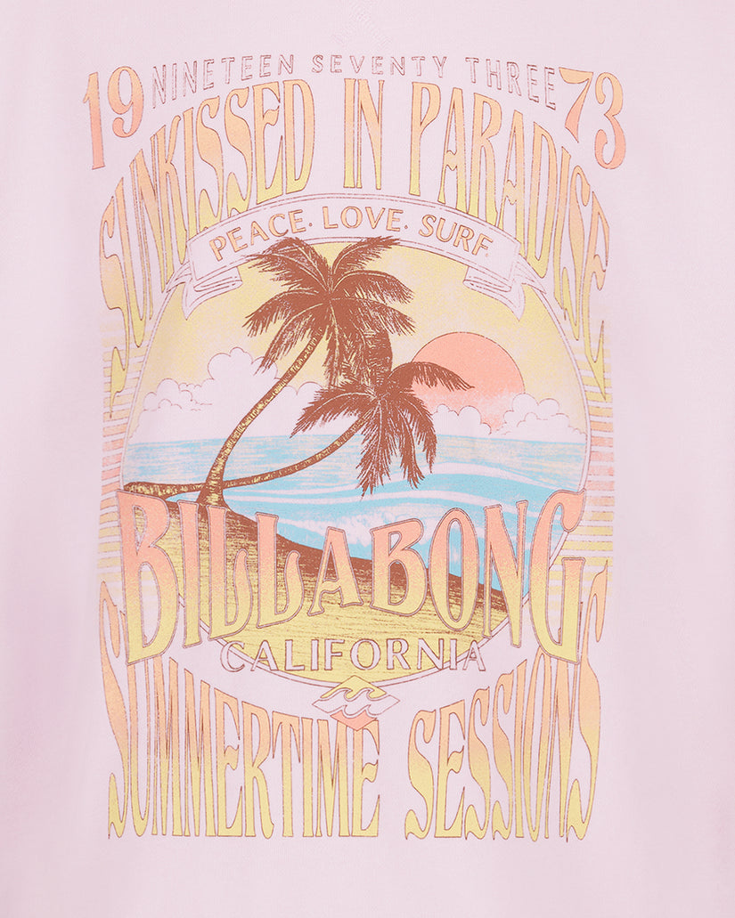 Lavender crewneck sweatshirt with vintage-style graphic featuring palm tree, ocean, sunset, and "Billabong California" text i