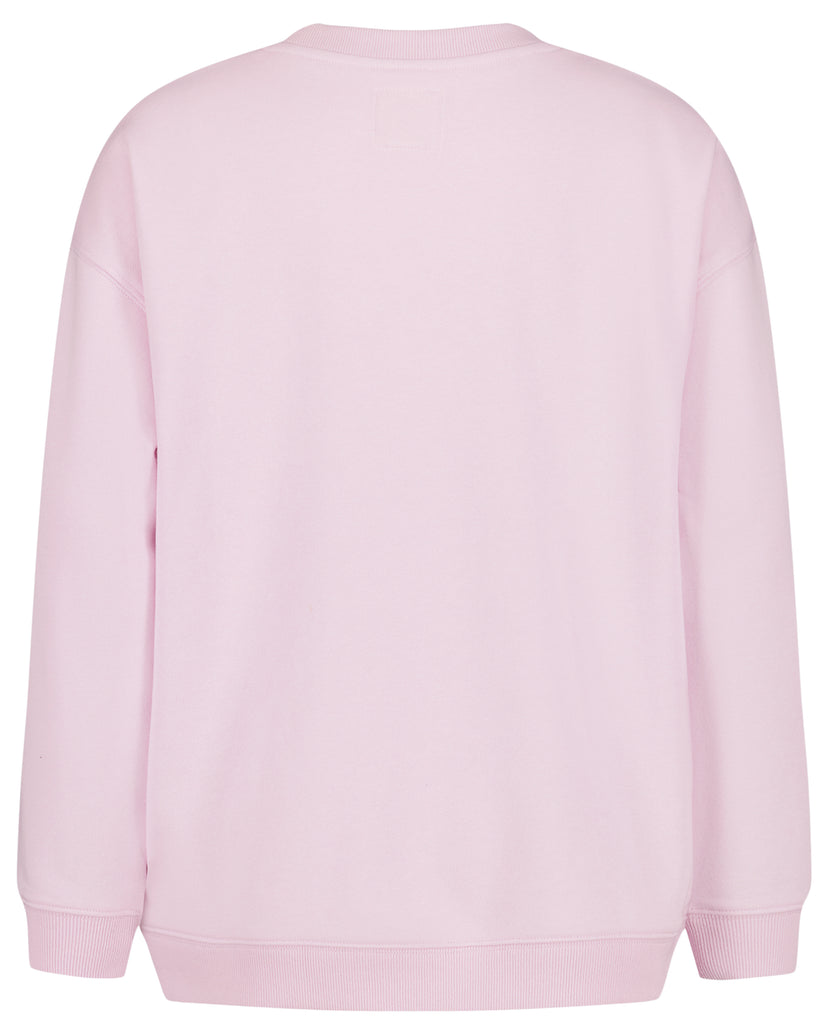 Light pink crewneck sweatshirt with ribbed cuffs and collar, shown from back view.