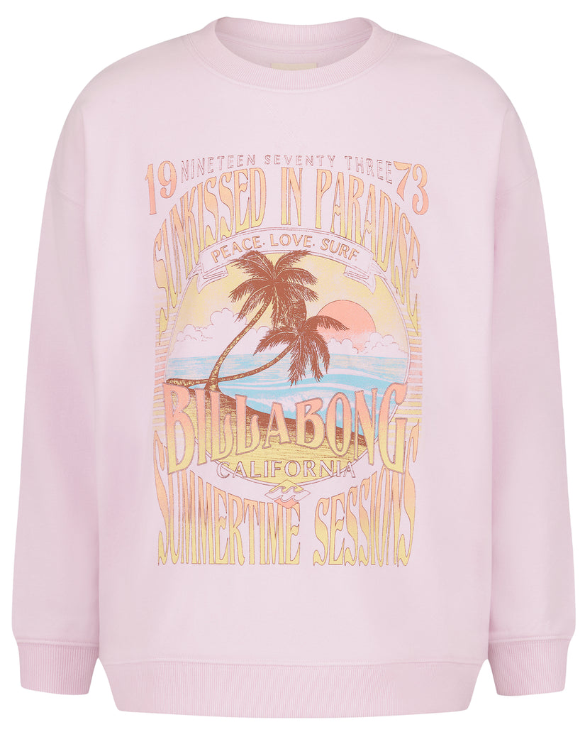 Light pink crewneck sweatshirt with vintage-style graphic featuring palm trees, ocean, and text reading "Billabong California