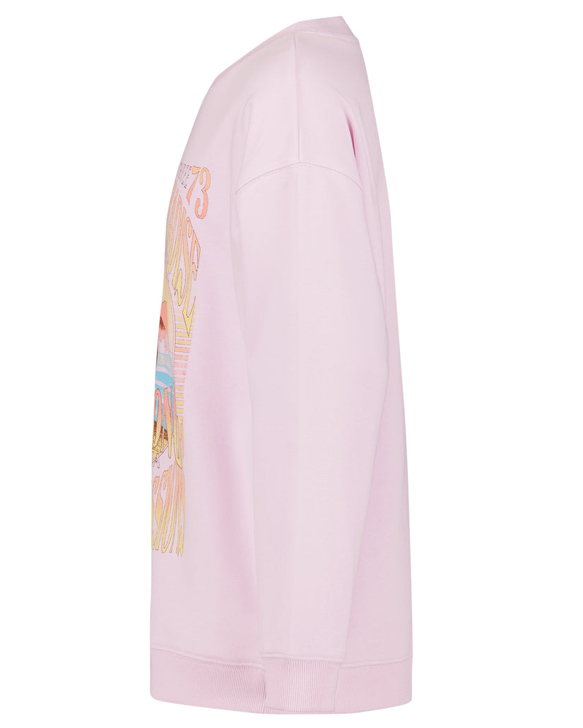 Light pink crewneck sweatshirt with colorful graphic print on the left sleeve.