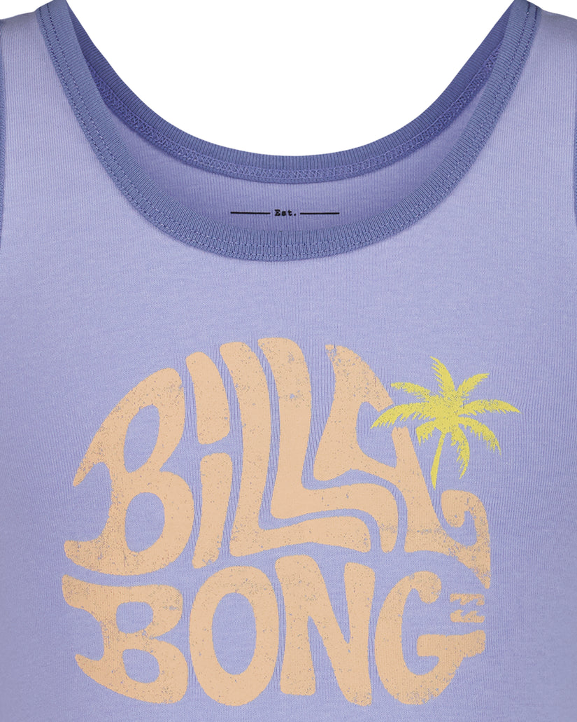 Lavender sleeveless tank top with "Roundabout Bong" text and yellow palm tree graphic on chest.