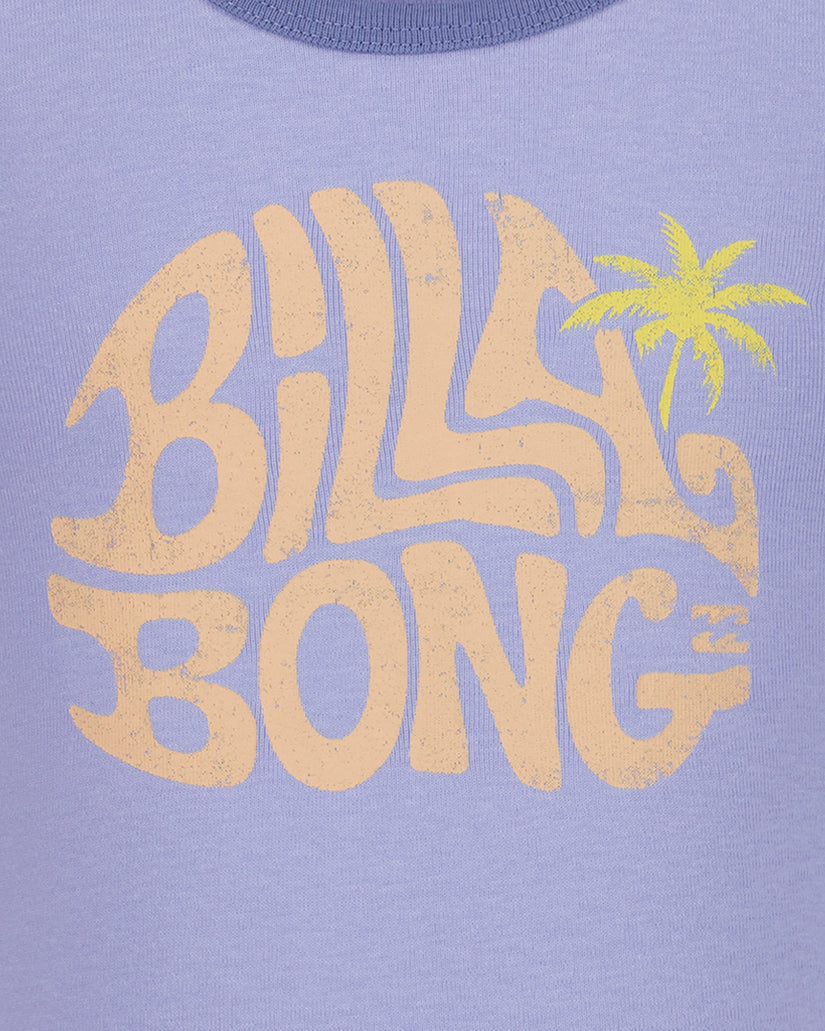 Lavender tank top with "Billabong" text graphic in tan and yellow palm tree design on chest.