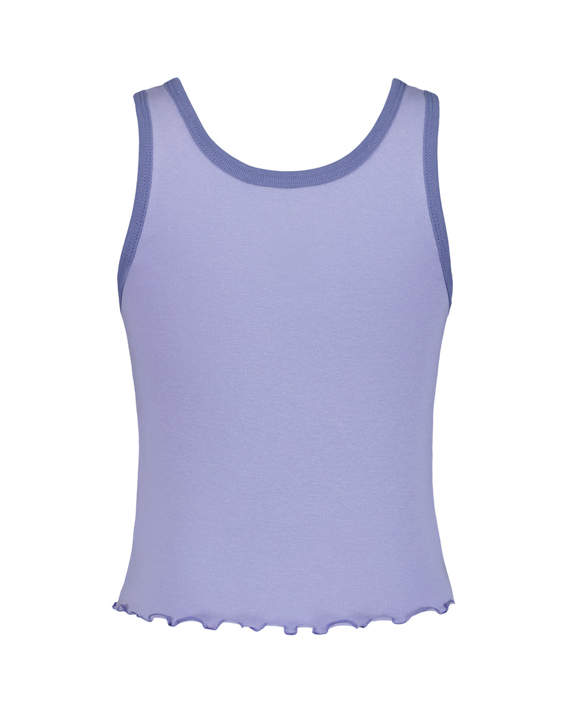 Lavender ribbed tank top with darker purple trim and ruffled hem.