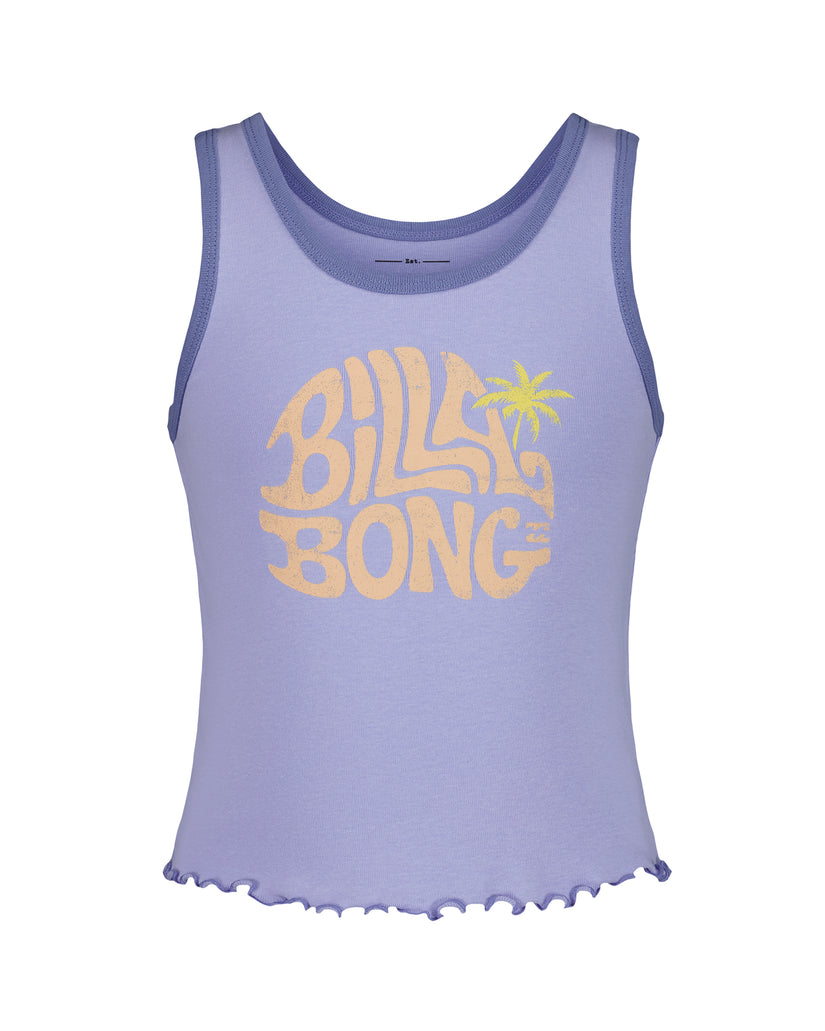 Lavender sleeveless tank top with "Billabong" text and palm tree graphic in peach and yellow.