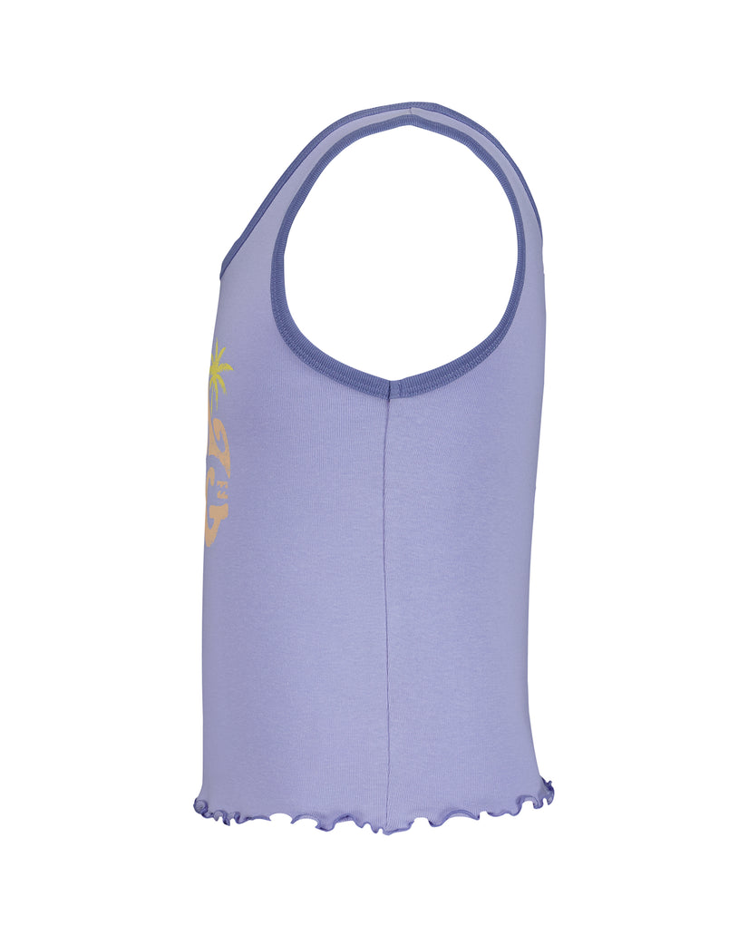 Lavender sleeveless tank top with yellow graphic print and ruffled hem.