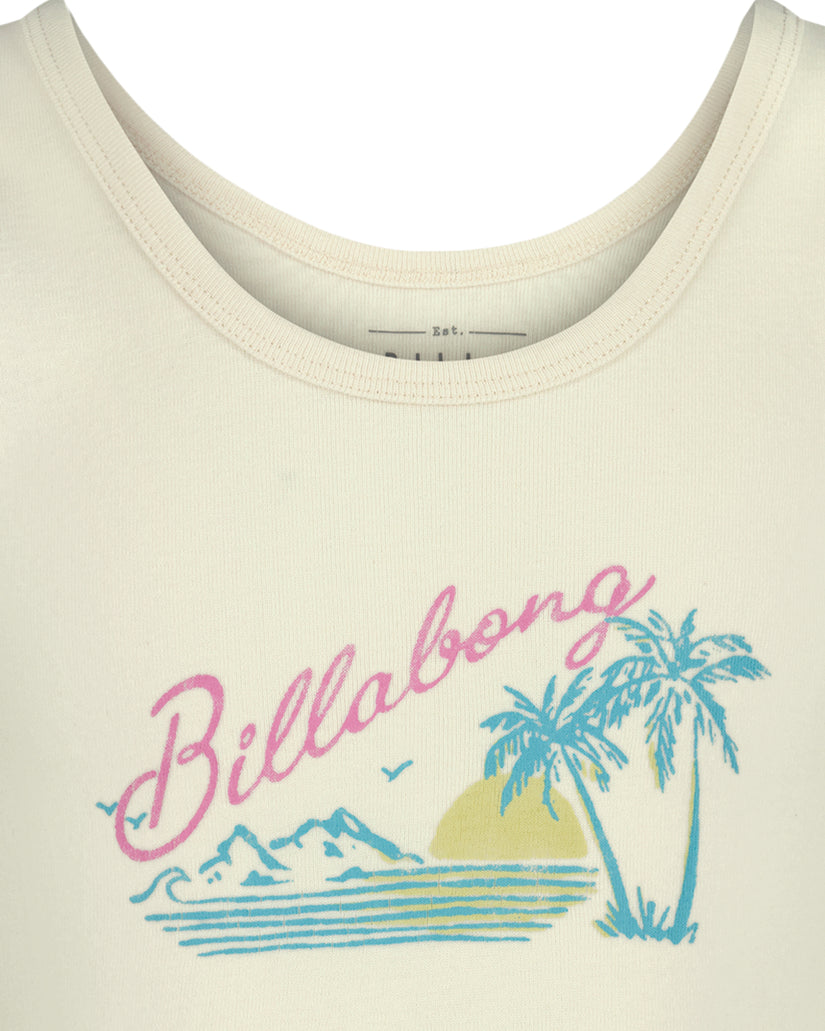 Cream ribbed tank top with pink "Billabong" text and blue tropical graphic featuring palm tree and ocean waves.