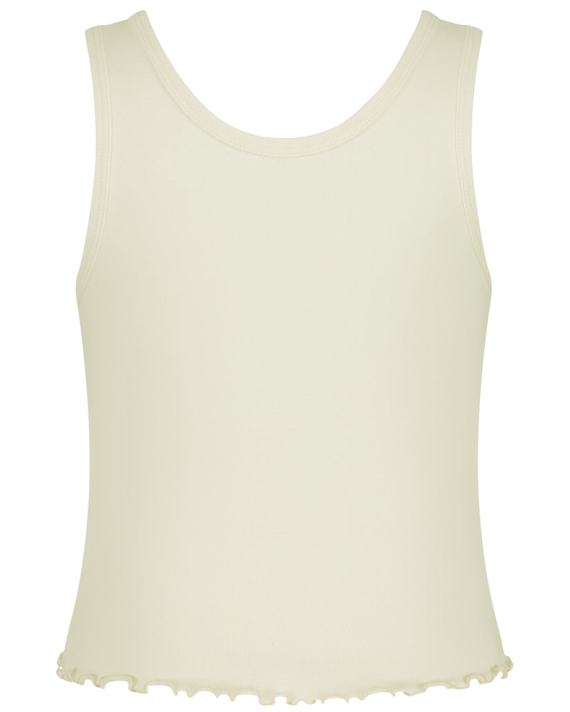 Cream ribbed sleeveless tank top with round neckline and ruffled hem.