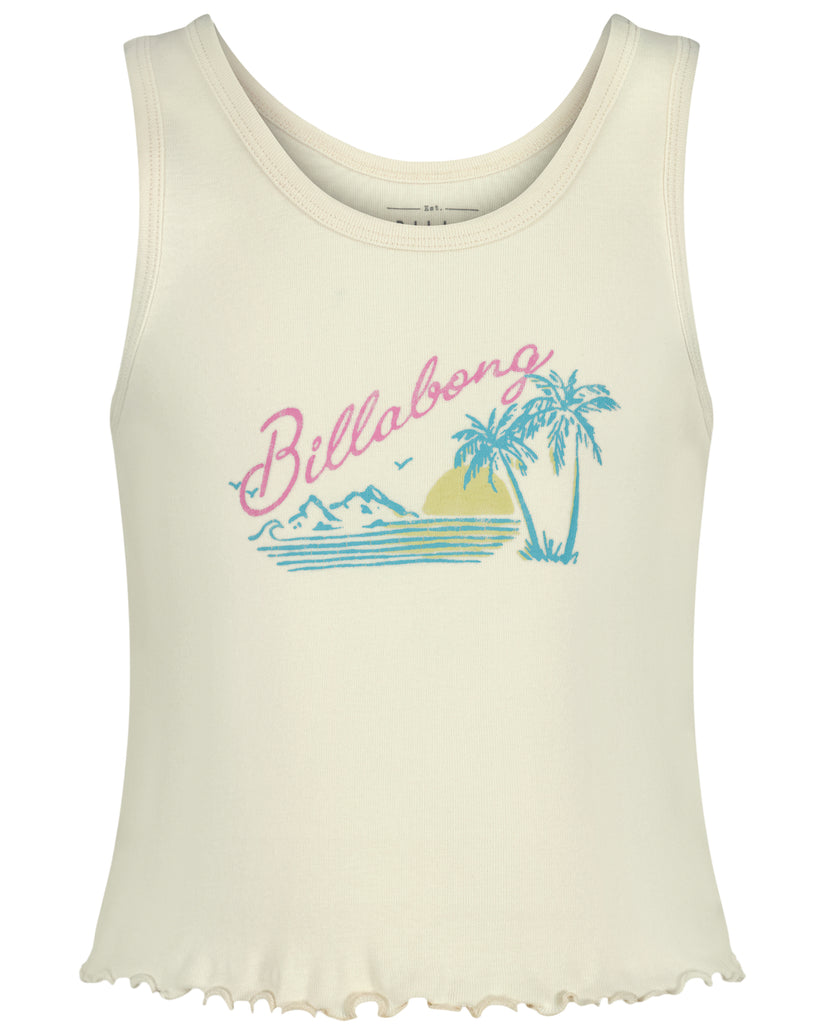 Cream ribbed tank top with pink "Billabong" text and blue tropical beach graphic featuring palm tree and mountains.