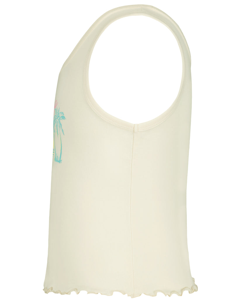 Cream sleeveless tank top with turquoise surfboard graphic and ruffled hem.