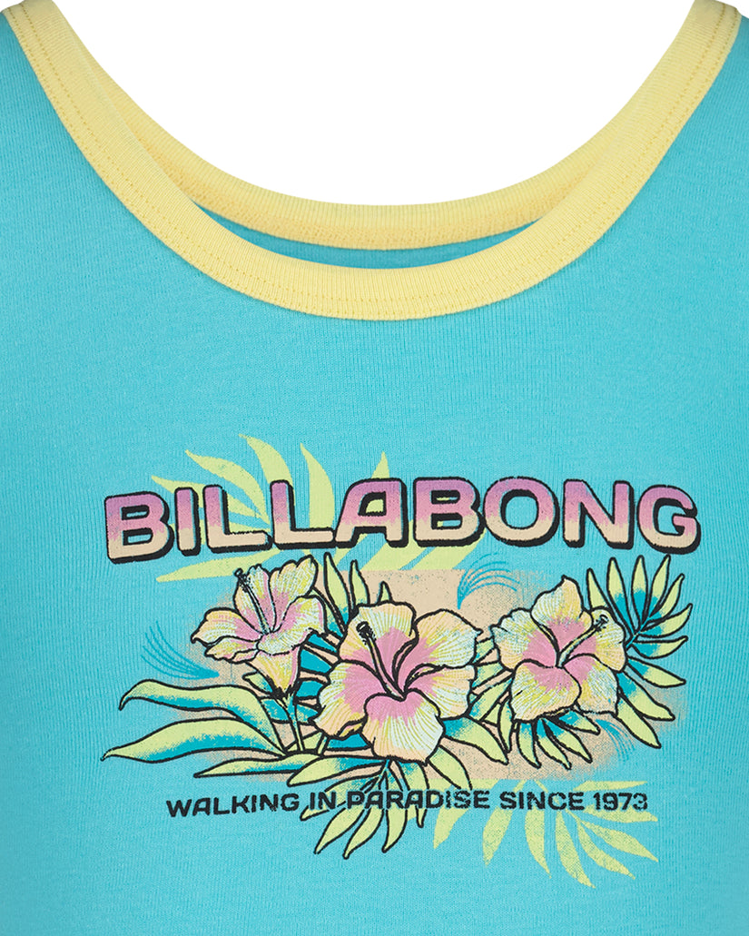 Turquoise tank top with yellow ribbed neckline and Billabong graphic featuring pink hibiscus flowers and palm leaves.