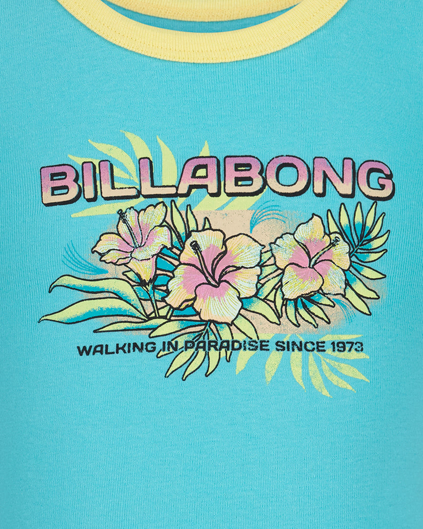 Turquoise tank top with yellow neckline trim and Billabong graphic featuring pink and yellow flowers with text.