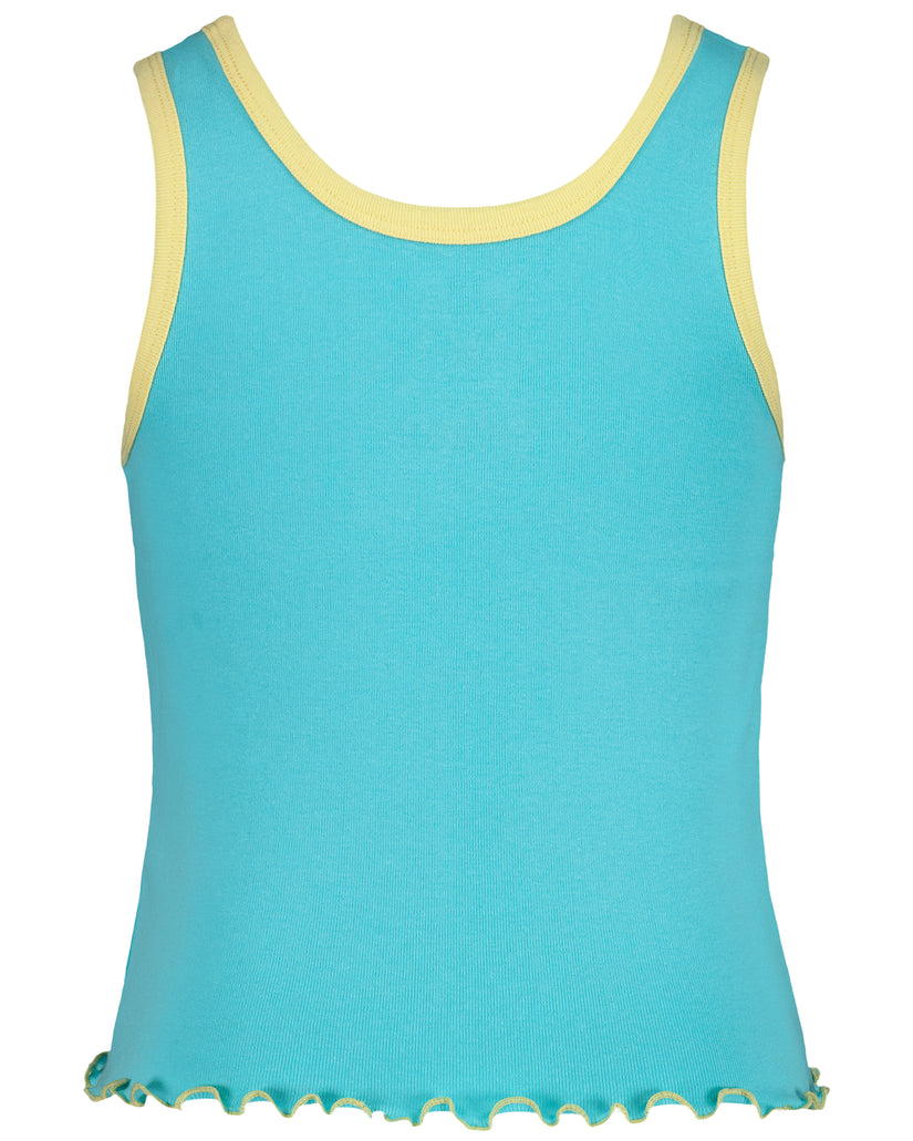 Turquoise sleeveless tank top with yellow ribbed neckline and contrasting scalloped hem trim.