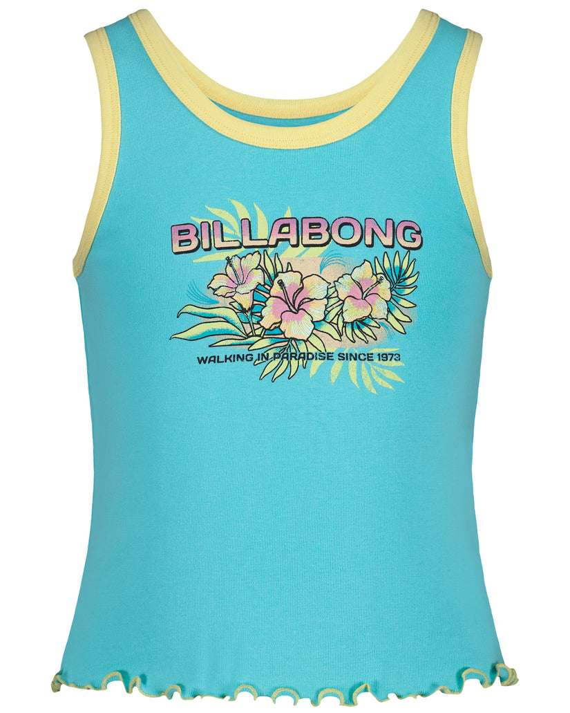 Turquoise tank top with yellow trim, Billabong logo, floral graphic, and scalloped hem.