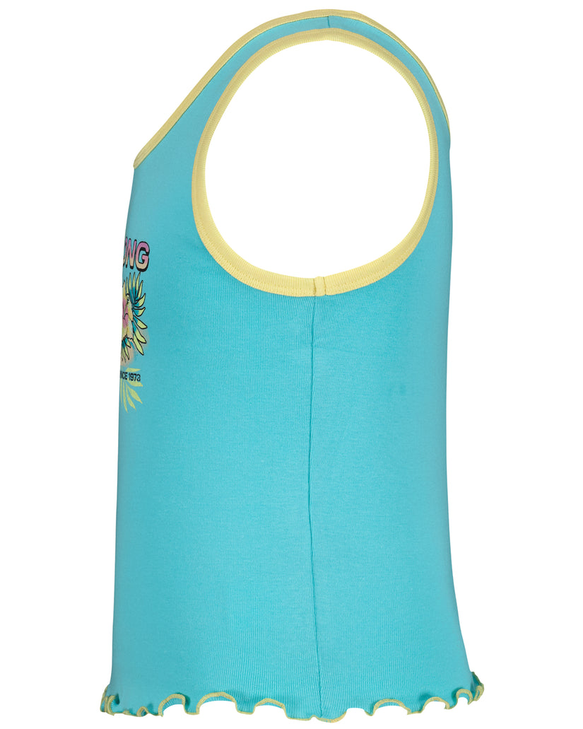 Turquoise sleeveless tank top with yellow trim and colorful floral graphic on front.