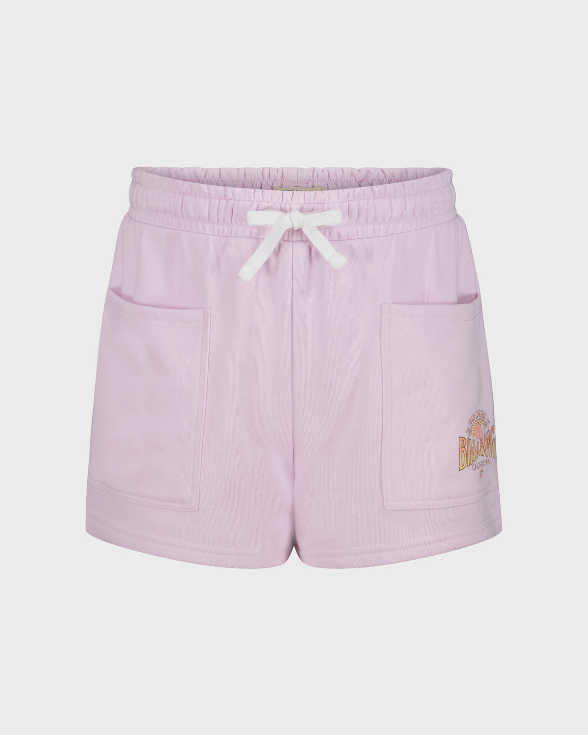 Pink shorts with elastic waistband, white drawstring, side pockets, and sunset graphic print on leg.