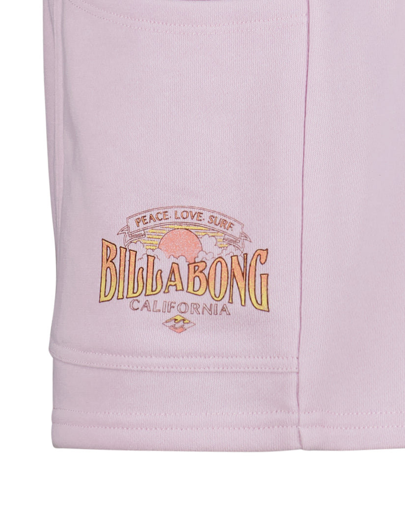 Light pink shorts with "Billabong California" graphic and "Peace. Love. Surf" text on thigh.
