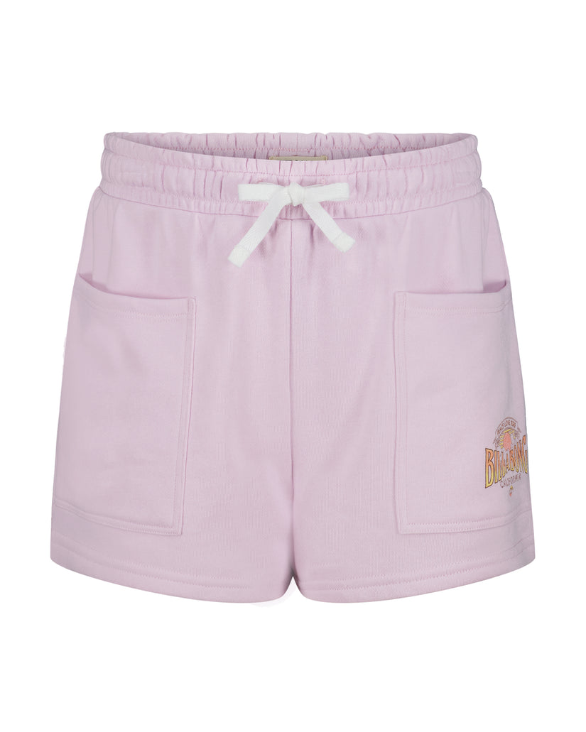 Light pink shorts with elasticated waistband, white drawstring, front pockets, and embroidered graphic on leg.