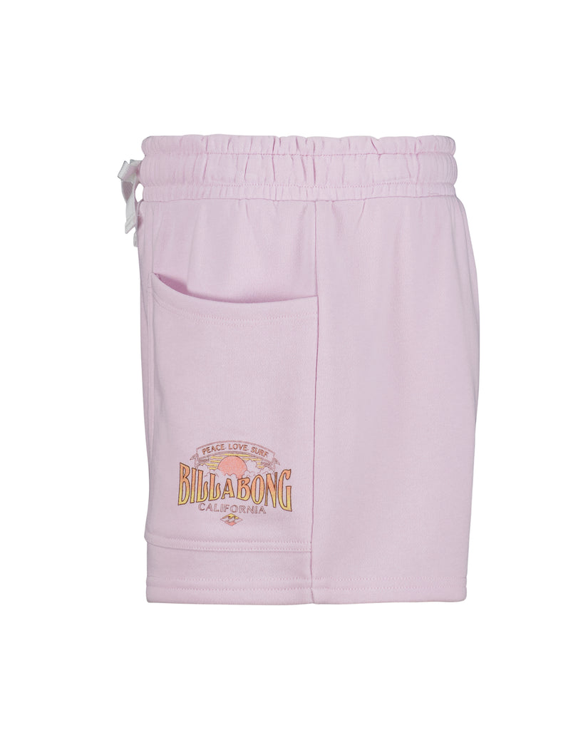 Light pink shorts with Billabong California logo and drawstring waist.