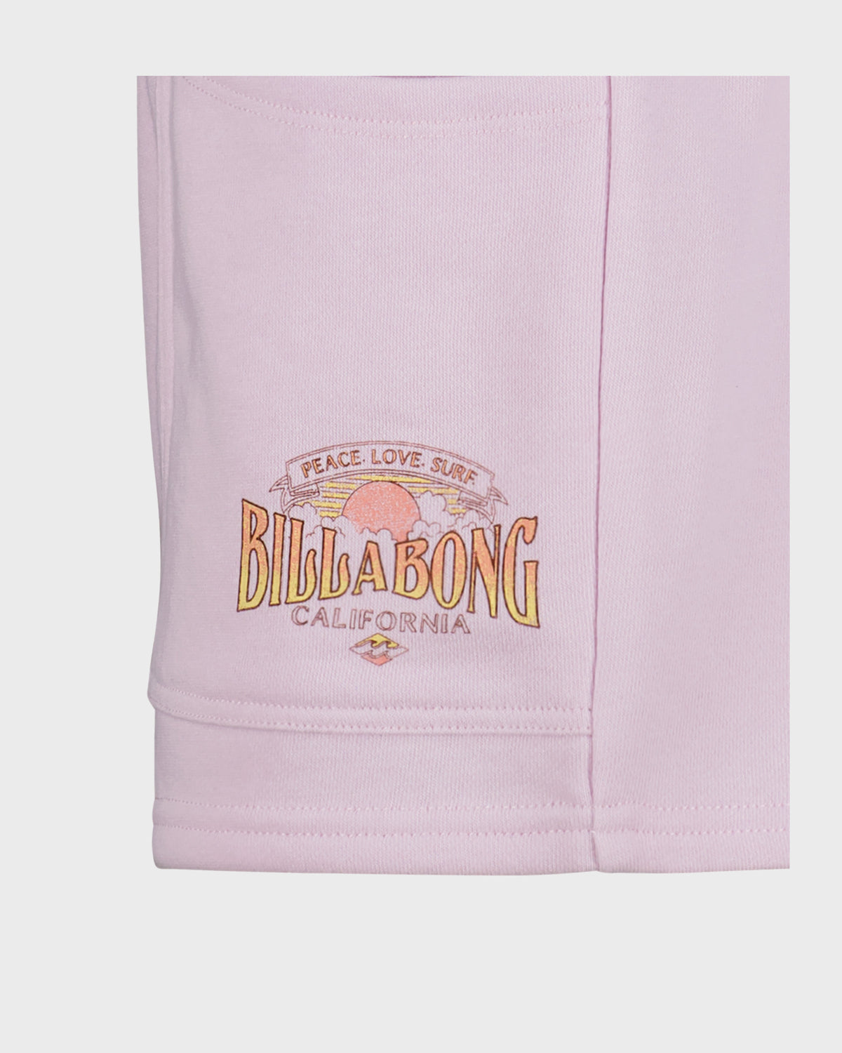 Light pink short with Billabong graphic featuring sunset design and "Peace Love Surf California" text.