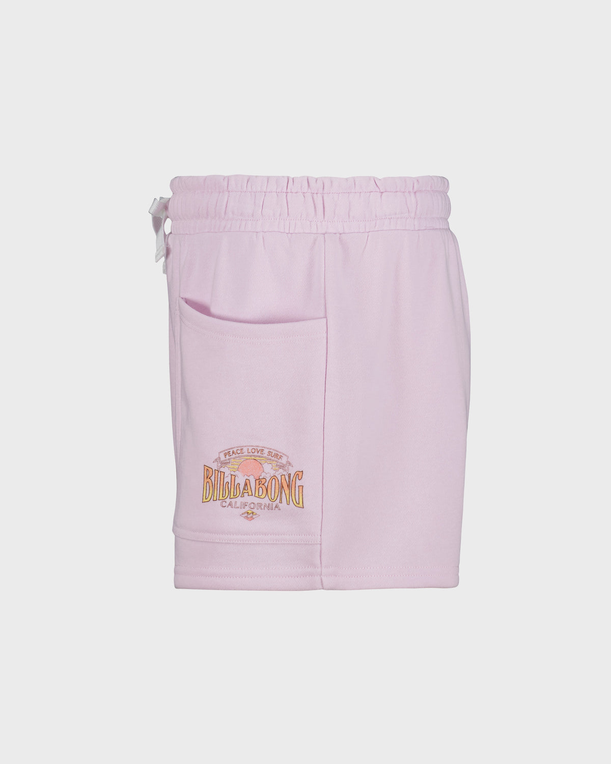 Light pink girls shorts with elastic waistband, drawstring, side pocket, and Billabong California logo graphic.