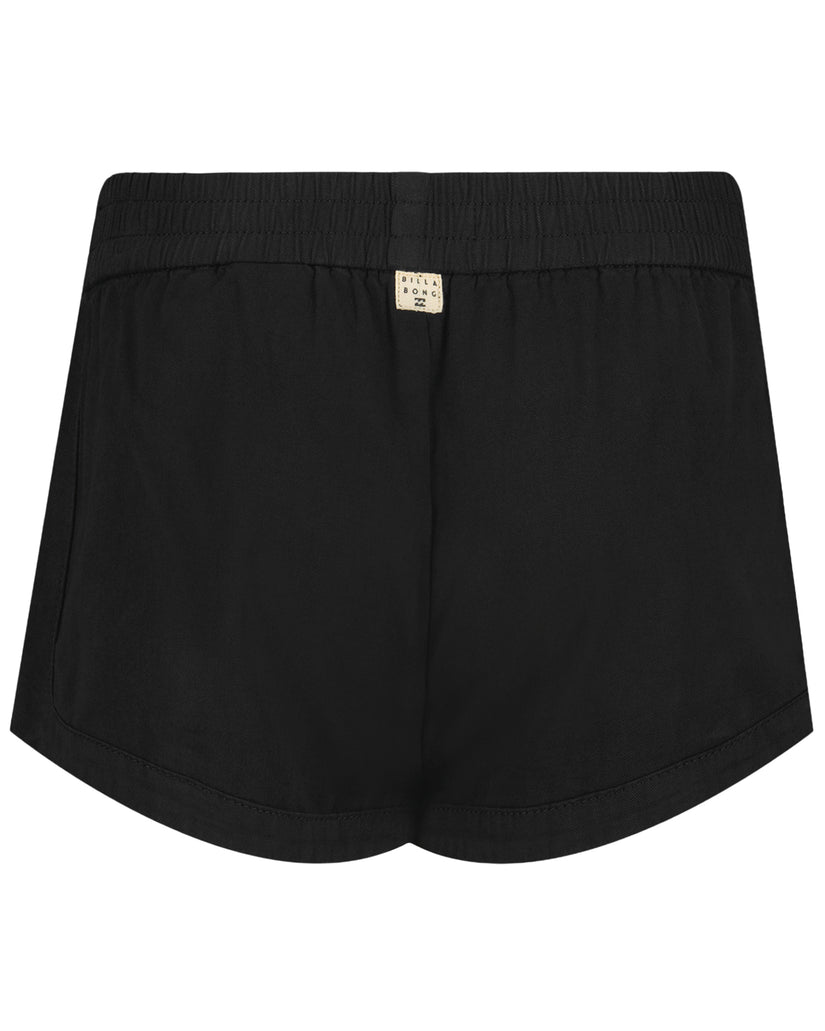 Black shorts with elasticated waistband and brand label at center front.