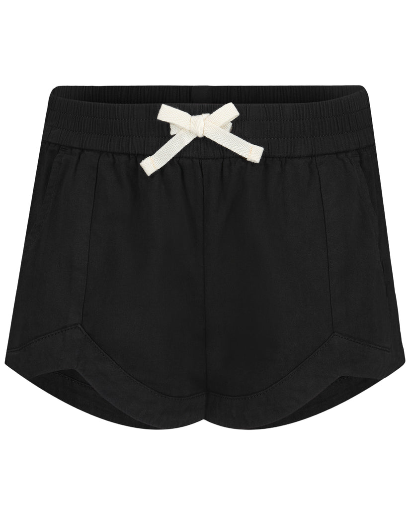 Black shorts with elastic waistband and white drawstring bow.