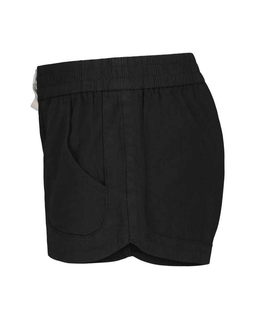 Black shorts with elastic waistband, side pockets, and white trim detail visible at the waistband.