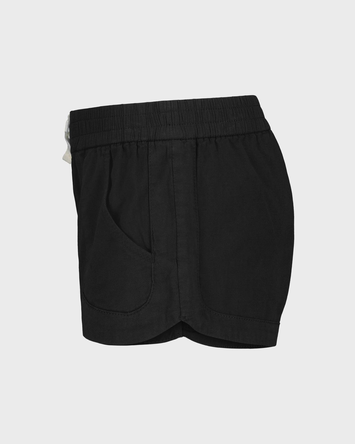 Black shorts with elastic waistband, front pockets, and curved hem design.