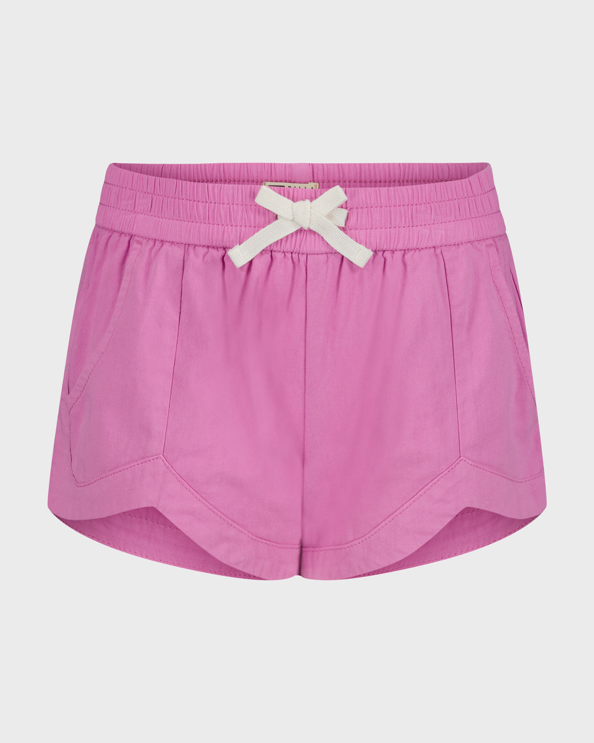 Pink shorts with elasticized waistband, white drawstring, side pockets, and curved hem.