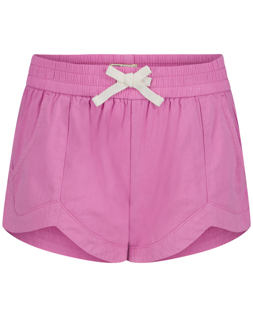 Pink shorts with white drawstring, ribbed waistband, and side pockets.