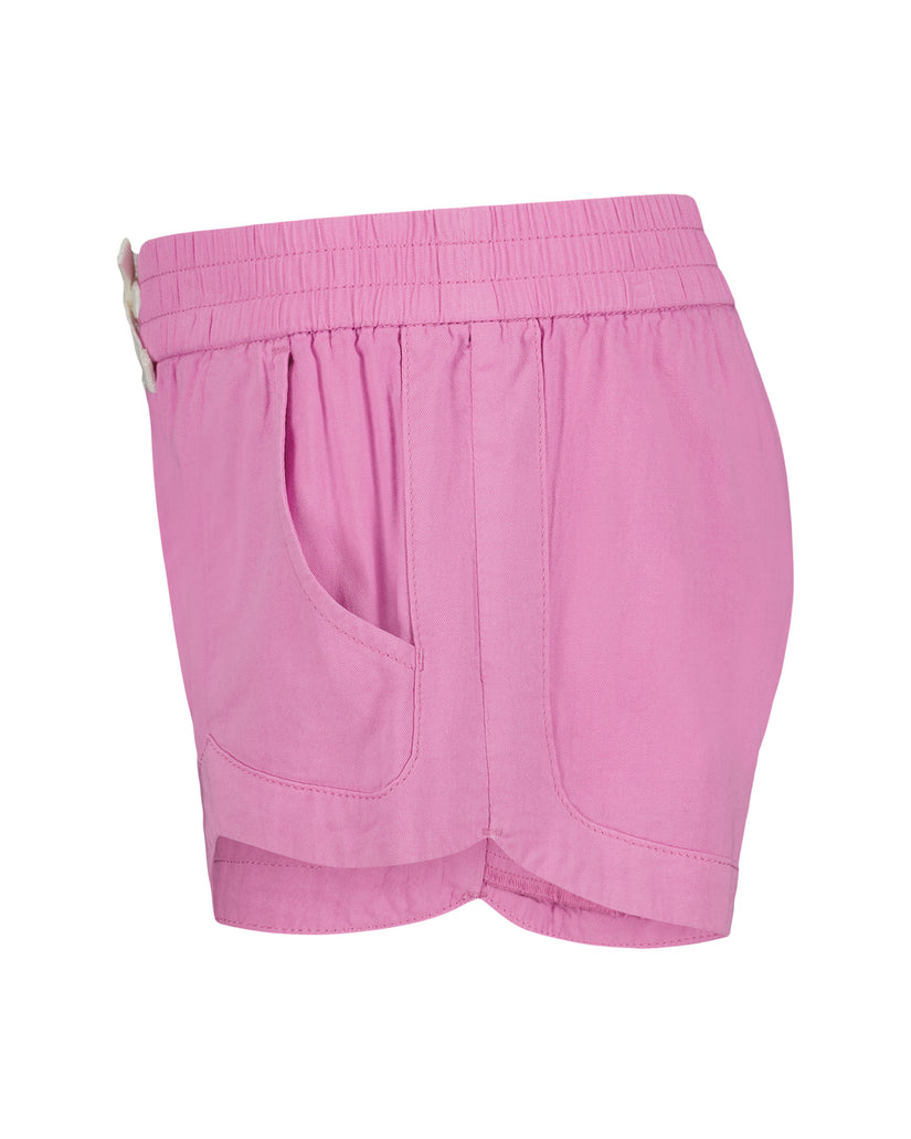 Pink shorts with elastic waistband, front pockets, and center seam detail.