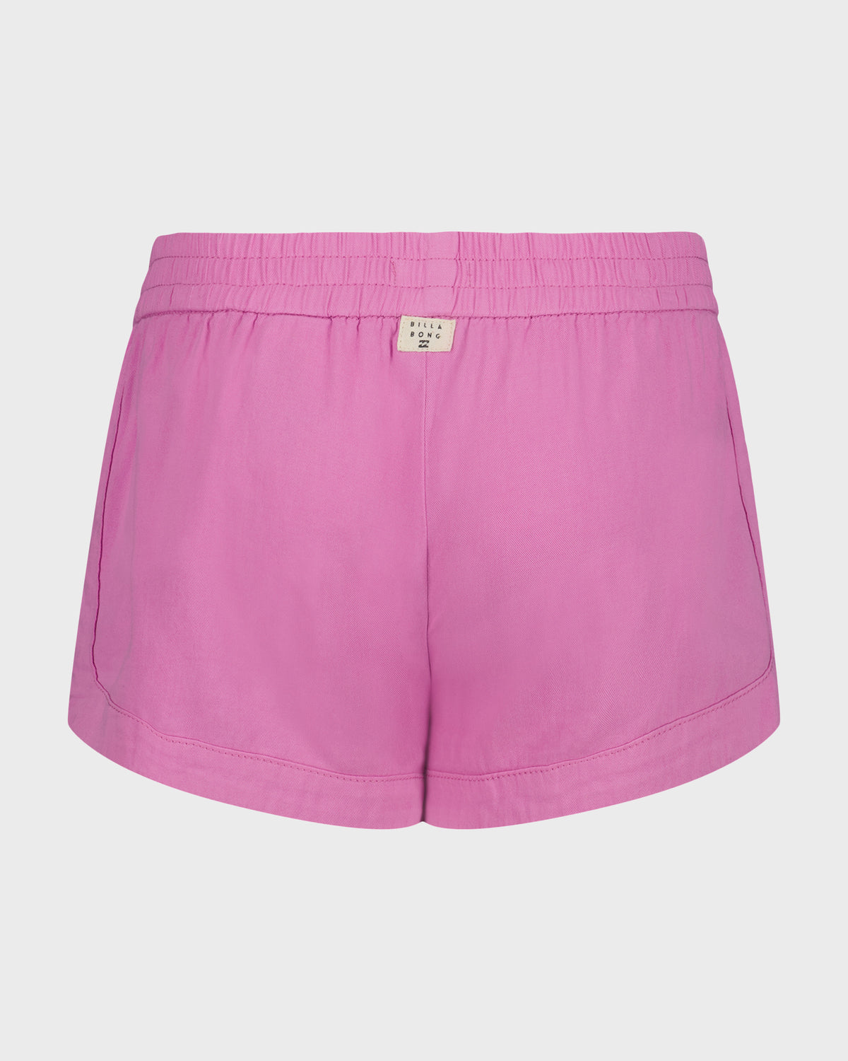 Pink shorts with elasticized waistband, curved hem, side pockets, and brand label at center back.