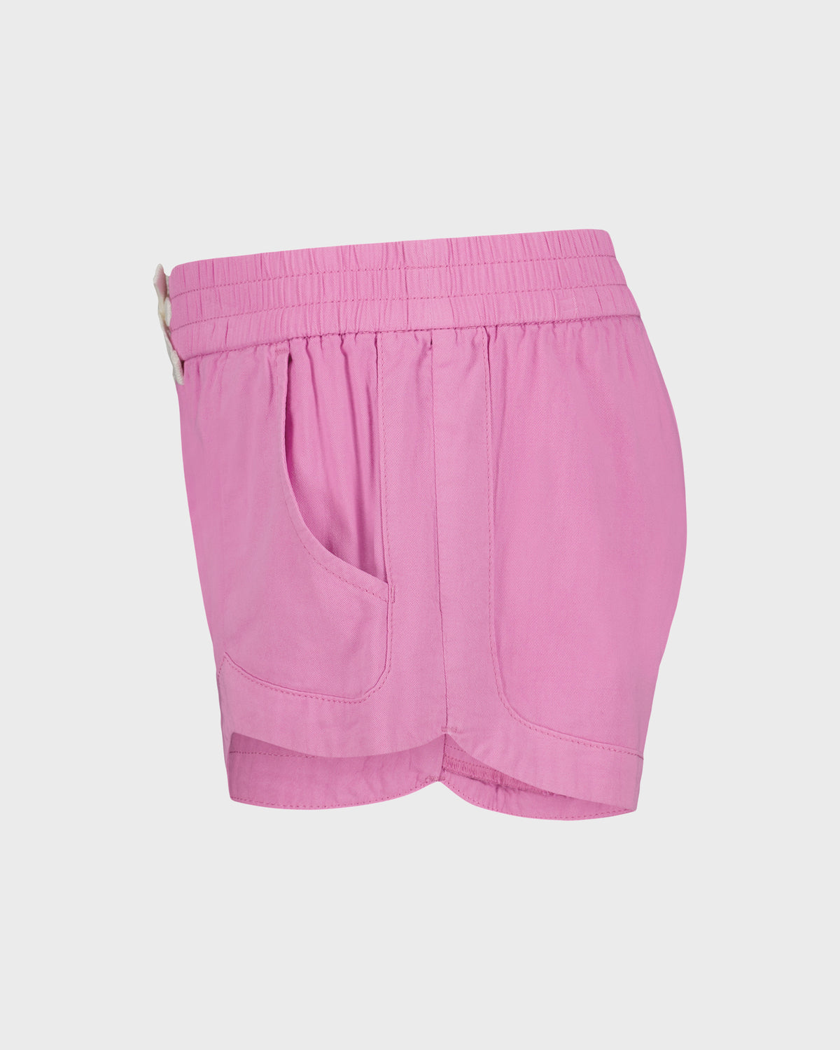 Pink shorts with elasticated waistband, side pockets, and curved hem detail.