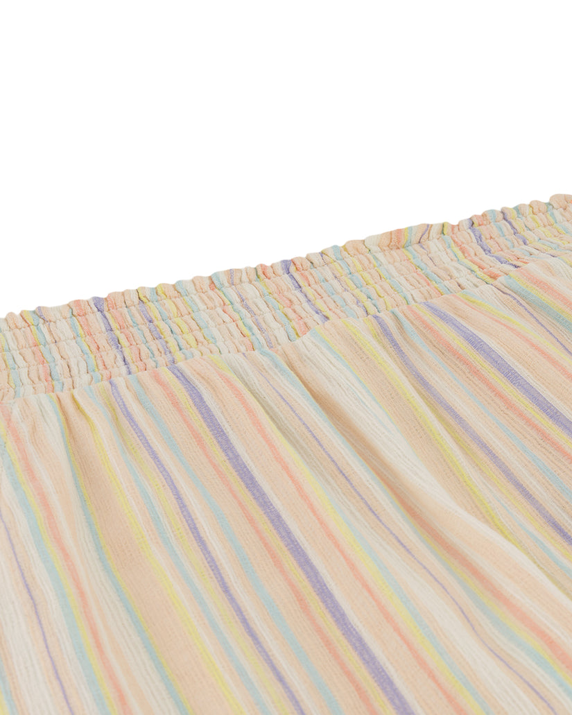 Girls' wide leg pants with pastel multicolor vertical stripes and elastic waistband.
