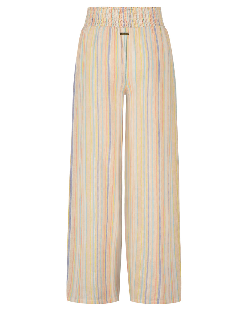 Wide leg pants with vertical stripes in cream, yellow, blue, and peach tones with elastic waistband.