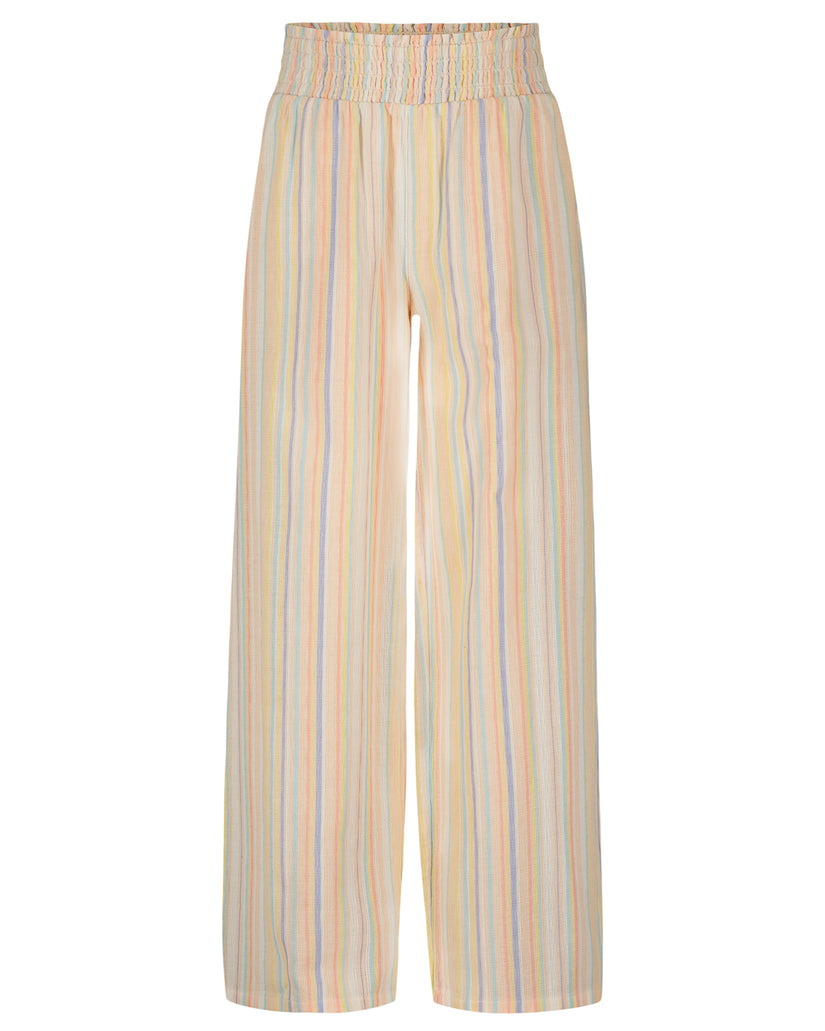 Girls' wide leg pants with vertical multicolor stripes and elastic waistband.