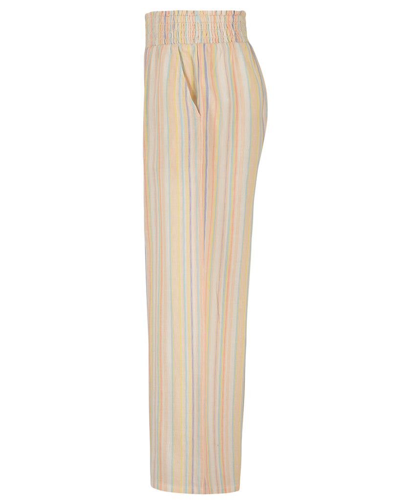 Wide leg pants with vertical stripes in peach, yellow, blue, and cream with elasticized waist.