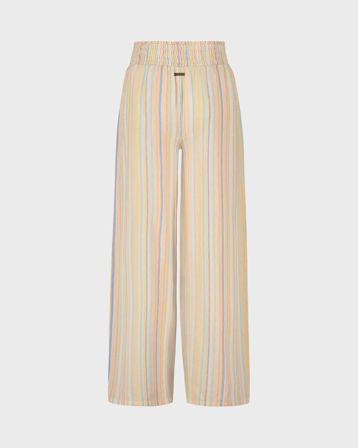 Wide-leg pants with vertical stripes in peach, yellow, blue, and gray, featuring an elastic waistband and drawstring.