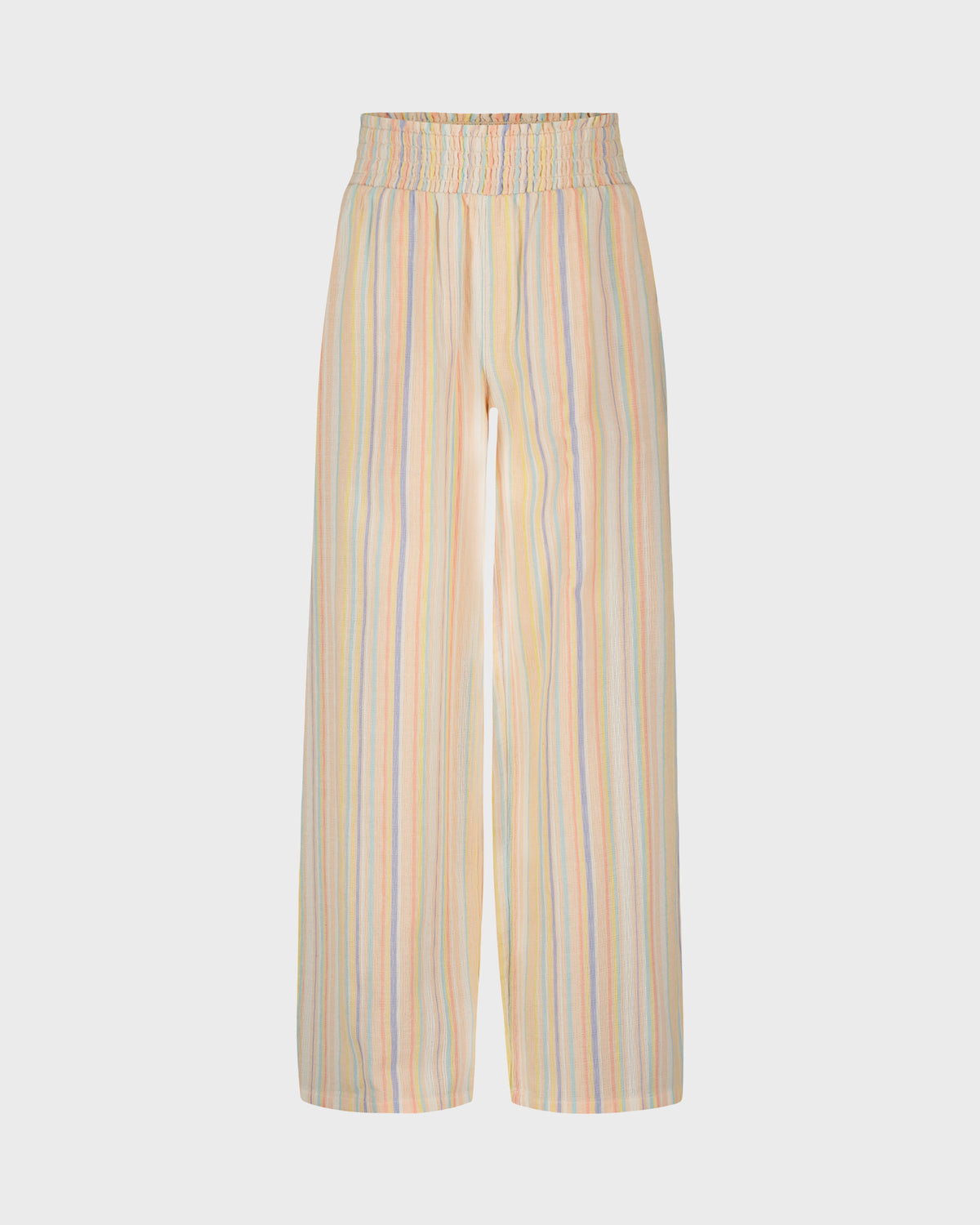 Wide leg pants with vertical stripes in yellow, peach, and blue tones and an elasticated waist.