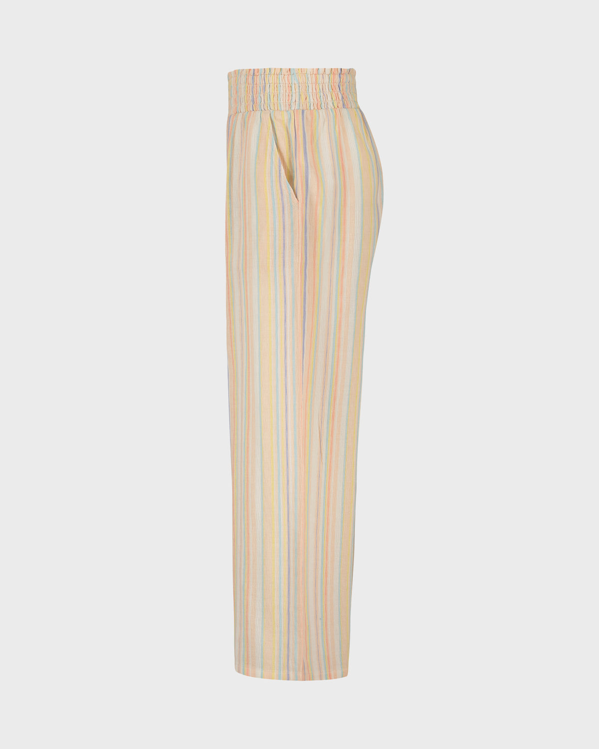 Wide-leg pants in vertical pastel stripes with an elastic waistband.