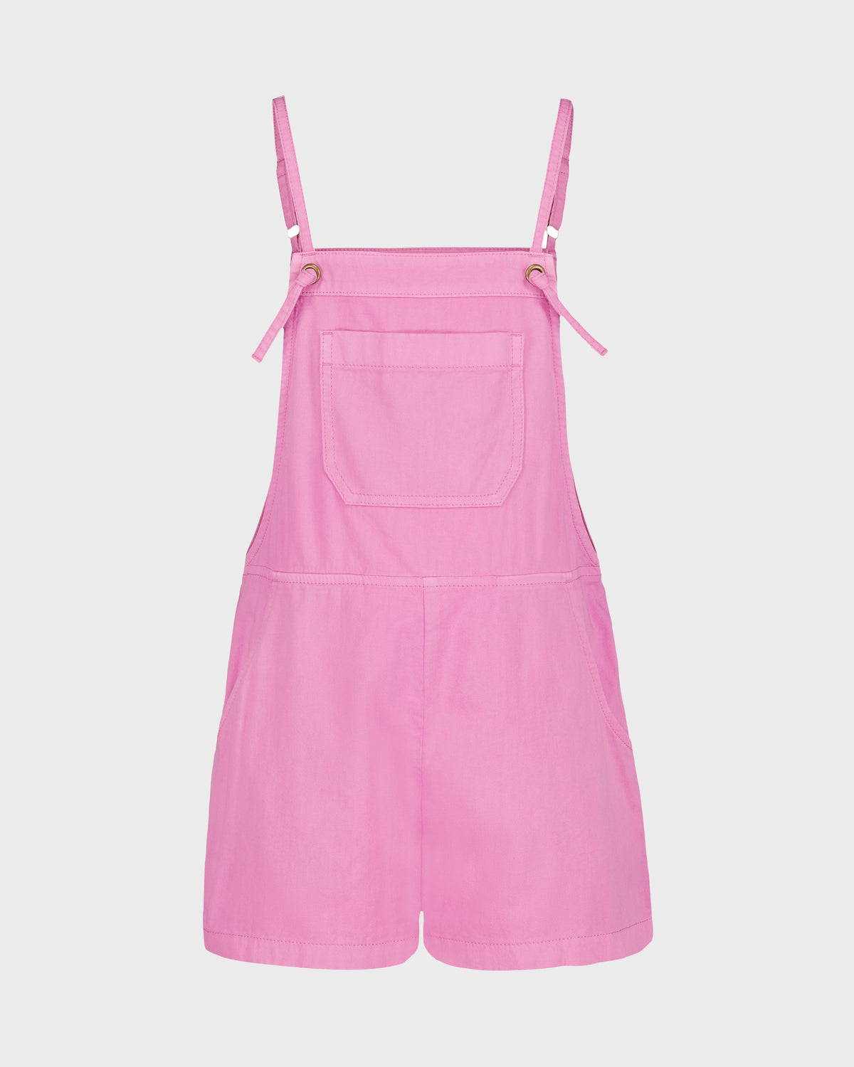Pink sleeveless romper with adjustable shoulder straps, front patch pocket, and short legs.