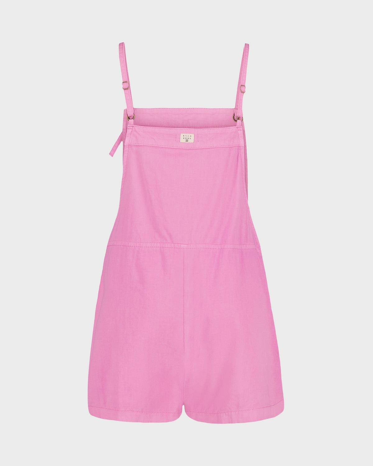 Pink sleeveless romper with adjustable shoulder straps, front pocket, and shorts-style legs.