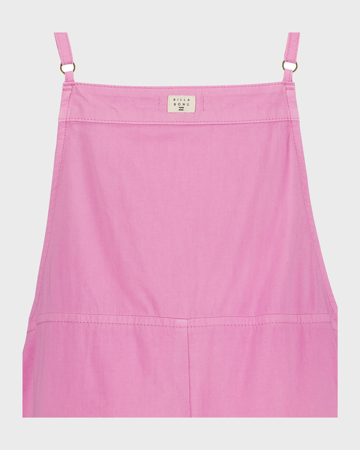 Pink romper with adjustable shoulder straps, Billabong brand label, and wide-leg pant silhouette.