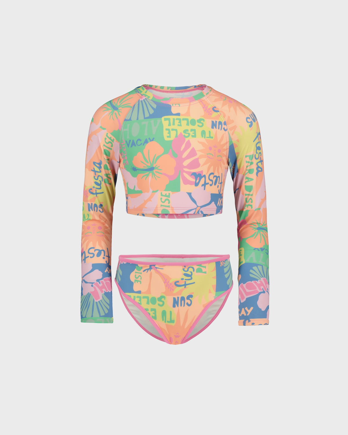 Colorful long-sleeve bikini set with floral and text pattern on a white background