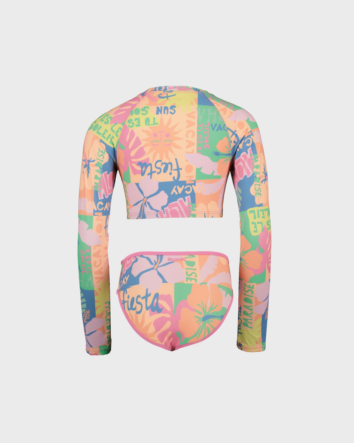 Colorful long-sleeve rash guard and bikini bottom set on a white background