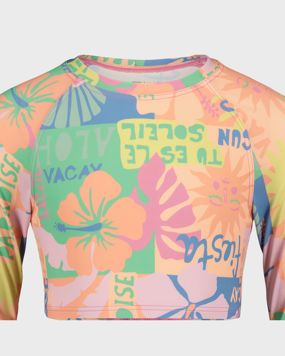 Colorful long-sleeve shirt with floral and text design on a white background