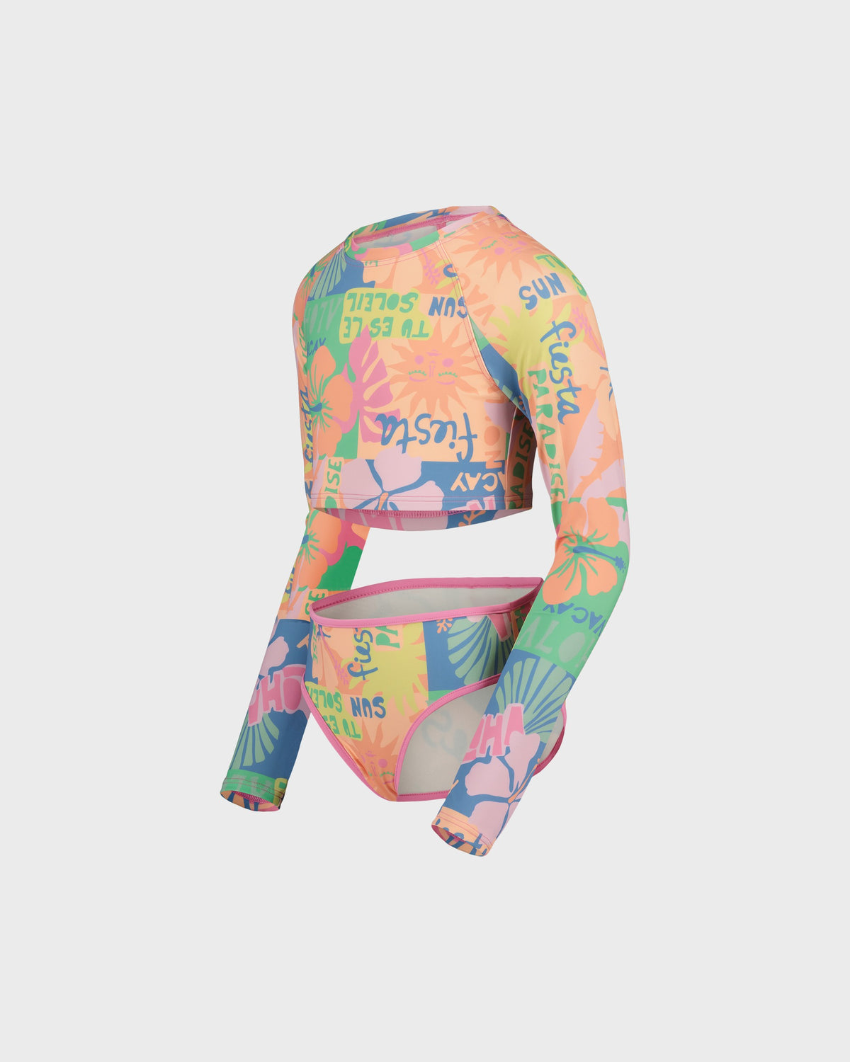 Colorful tropical-themed crop top with matching underwear on a white background