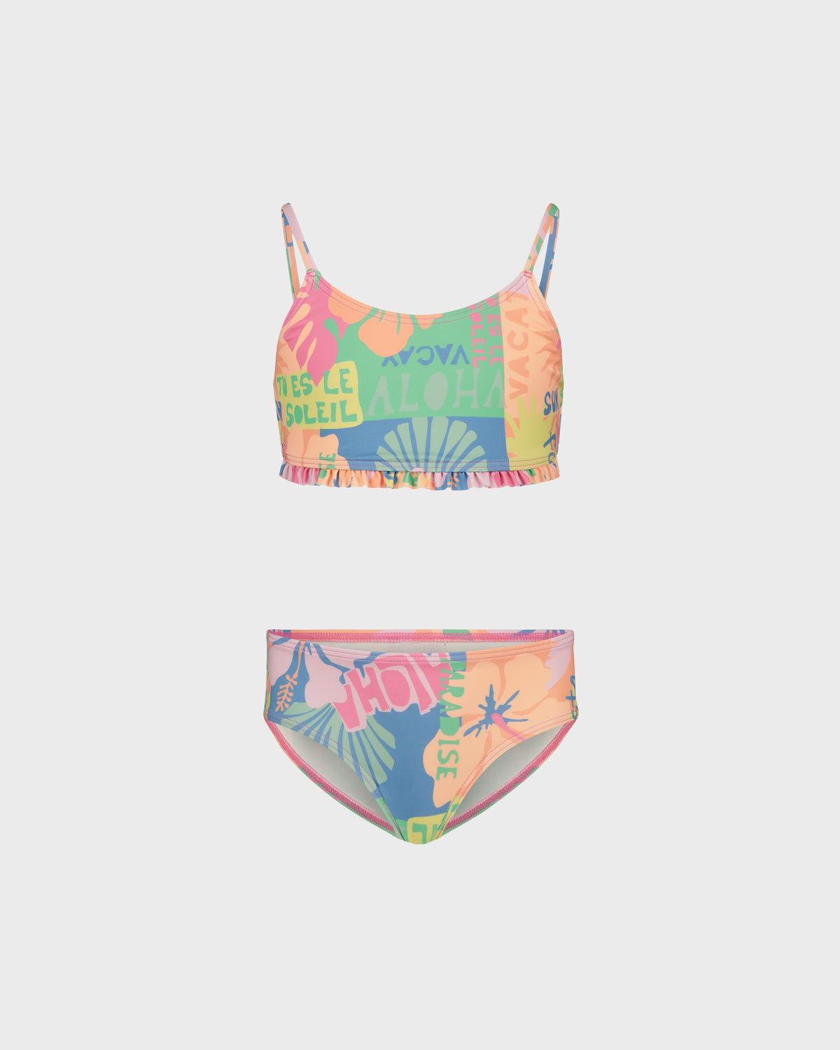 Multicolored bikini set with floral and text design on a white background