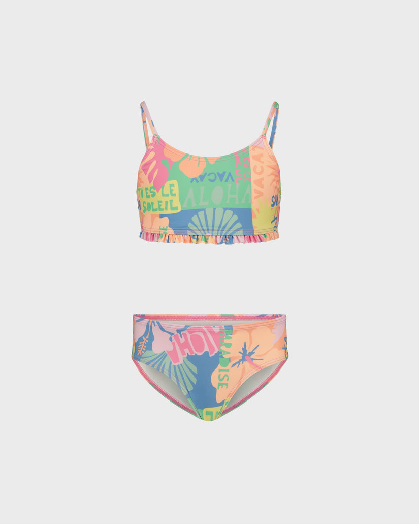 Multicolored bikini set with floral and text design on a white background